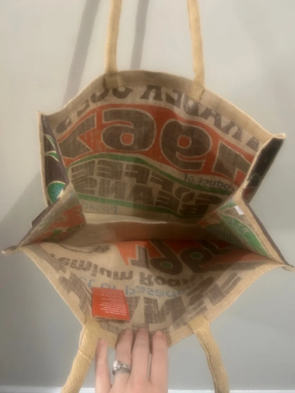 Trader Joe's Beige Jute Tote Bag with Orange & Green Print